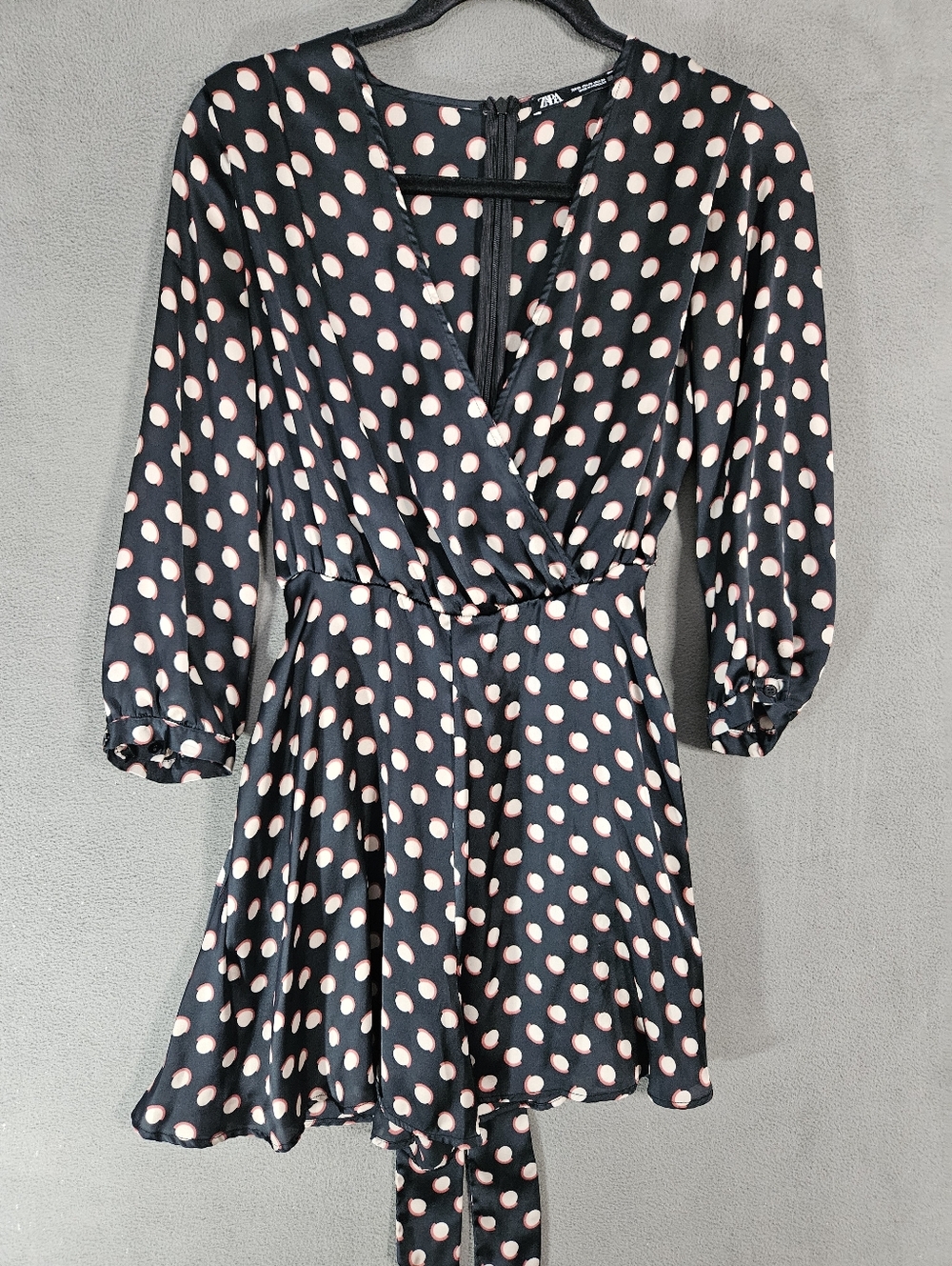 Zara Womens XS Satin Romper Vneck Black Cream Polka-dot Belt Bow Long Sleeve